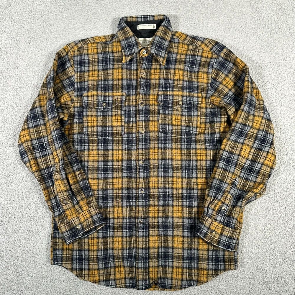 Pendleton Outdoor Shirt Mens Medium Yellow‎ Blue Plaid 100% Wool Button Up Flaw